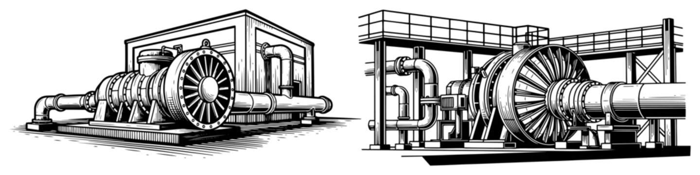 Heavy industrial pipeline compressor station and machinery sketch