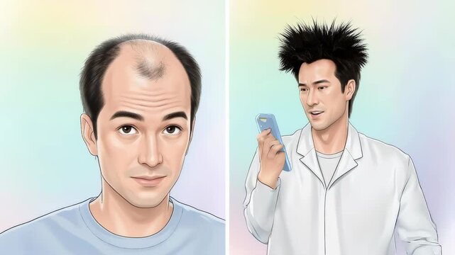 Caucasian man experiencing hair loss with receding hairline and his successful hair growth treatment transformation