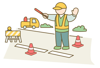 Traffic Control Worker Guiding Vehicles At Road Construction Site With Safety Equipment For Roadwork, Infrastructure Maintenance, Public Safety And Construction Management Concepts