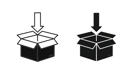 Vector illustration of package box with downward arrow symbol, line and solid icons, on transparent background