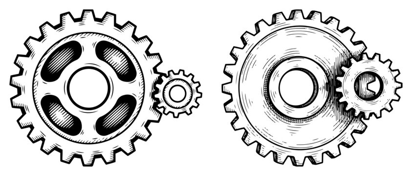 Mechanical gear wheels and cogs mechanism in engraving style
