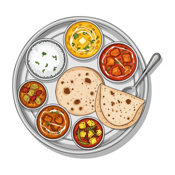 Flat Vector Illustration of North Indian Thali &ndash; Traditional Platter with Diverse Indian Dishes