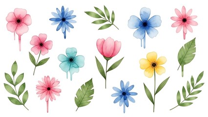 Fototapeta premium Floral Elegance: A curated assortment of delicate, hand-painted watercolor blossoms. With a gentle touch of artistry. These flowers and green leaves arranged for creating elegant visual appeal 