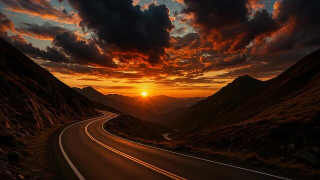 Road to the Horizon: The image showcases a winding road disappearing into a mountain landscape, framed by a fiery sunset, evoking feelings of adventure and limitless potential. 