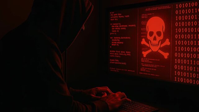 Cybersecurity Intrusion: A mysterious figure, cloaked in shadows, engaged in a cybersecurity breach, staring intently at a computer screen displaying binary code and an ominous warning sign.