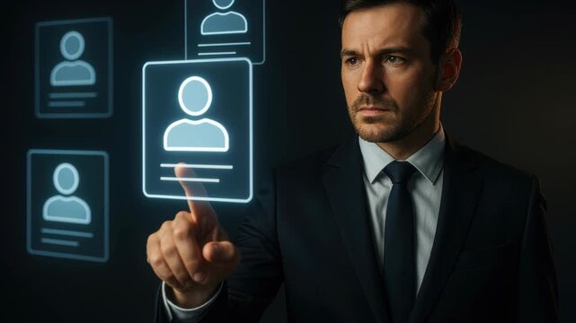 Hiring the Ideal Candidate: A determined individual, dressed in a formal suit, is seen meticulously selecting the perfect employee profile, using innovative technology.