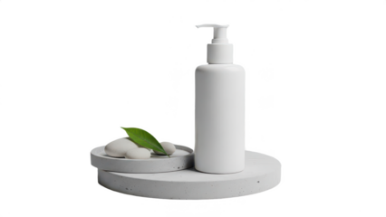 White lotion bottle with stones on transparent background
