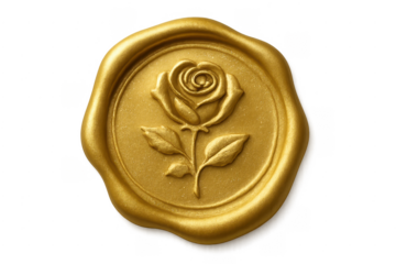 Golden wax seal with rose emblem on transparent background