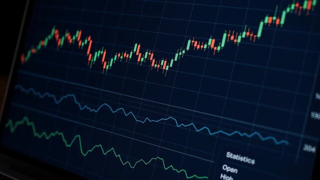 Financial Trend Analysis: A detailed view of a digital display, illustrating a colorful graph reflecting market movements, data points, and the dynamic ebb and flow of financial trends.
