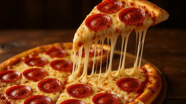 Pizza Slice Meltdown: A mouthwatering close-up of a pepperoni pizza, showcasing a single slice lifted to reveal strings of melted cheese, an ode to delicious simplicity.