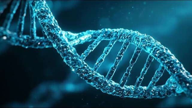 Blue glowing 3D DNA double helix structure rotating in dark abstract background for medical science and genetics research