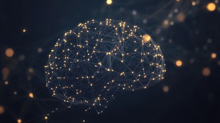 Minimal dark background with luminous network nodes forming abstract brain shape concept of artificial intelligence digital thinking data connection 