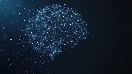 Minimal dark background with luminous network nodes forming abstract brain shape concept of artificial intelligence digital thinking data connection 