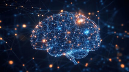 Minimal dark background with luminous network nodes forming abstract brain shape concept of artificial intelligence digital thinking data connection 