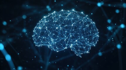 Minimal dark background with luminous network nodes forming abstract brain shape concept of artificial intelligence digital thinking data connection 