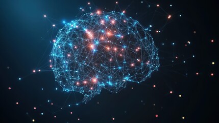 Minimal dark background with luminous network nodes forming abstract brain shape concept of artificial intelligence digital thinking data connection 