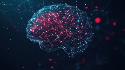 Minimal dark background with luminous network nodes forming abstract brain shape concept of artificial intelligence digital thinking data connection 