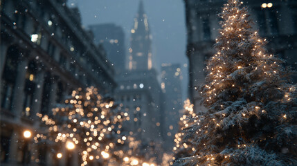 Snowy street with Christmas trees and city skyline.