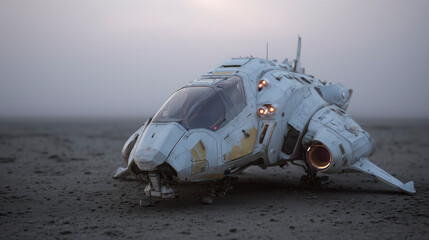 A futuristic spacecraft on a barren landscape.