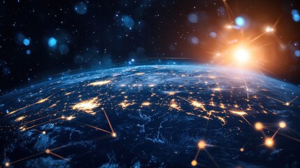 Planet earth reimagined as holographic network mesh with glowing connections representing global communication digital economy science fiction realism 