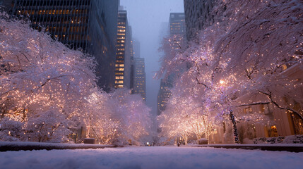 Snow-covered street lined with illuminated trees.