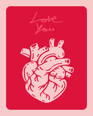 Stylized anatomical heart vector illustration with love you lettering, flat minimal design in red and pink, romantic medical art.