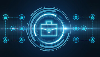 Illuminated digital briefcase icon with network connections
