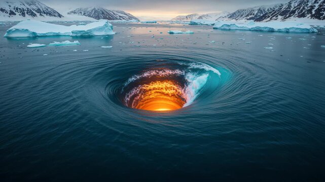 Mysterious Maelstrom: A breathtaking view showcasing a mesmerizing whirlpool in the Arctic, with swirling waters that dance around a glowing core, creating a dramatic interplay of light and shadow.
