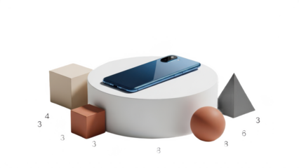 Blue smartphone with geometric shapes on transparent background