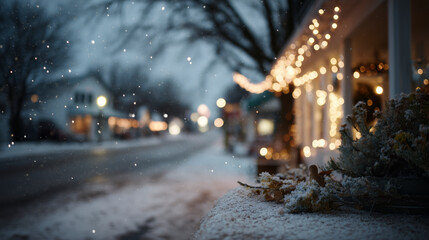 Snowy street with festive lights and decorations.