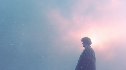 A silhouette of a person against a colorful background.