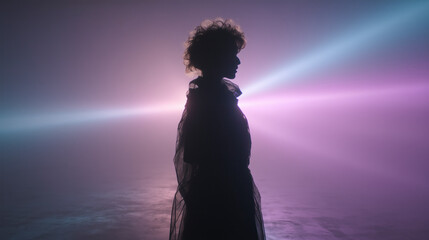 Silhouette of a person against colorful lights.