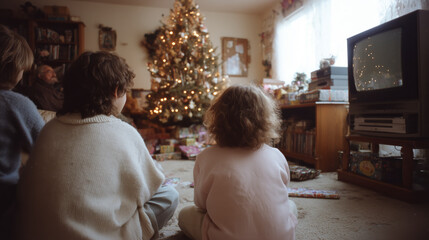 Children watching television near a decorated Christmas tree.