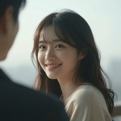 A Moment of Shared Connection: The scene captures an intimate moment, as a woman smiles warmly, her eyes meeting someone's with a look of genuine affection and anticipation.