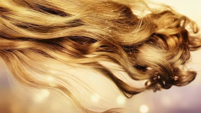 Flowing hair strand texture with glittering highlights on golden background for beauty and hair care product advertisement