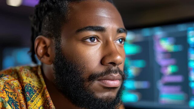 Introspective Tech Professional: A focused man of color gazes thoughtfully, illuminated by the glow of multiple computer screens, signifying technological expertise and insightful work.
