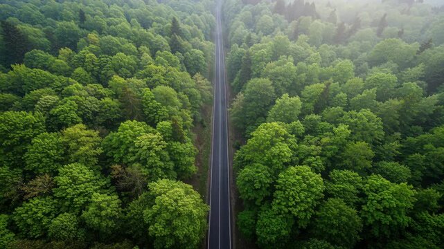 Road Through Emerald Canopy: An aerial view captures a straight road, slicing through a dense, vibrant green forest, creating a sense of journey and tranquility.