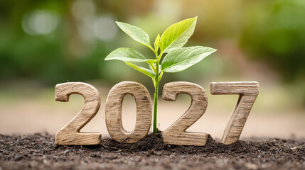 New year concept with wooden numbers 2027 and green plant growing in soil symbolizing growth and fresh start in nature