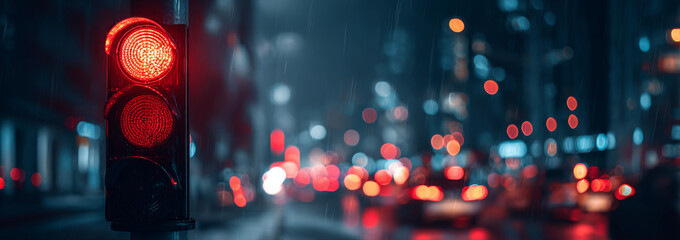 Red traffic light glowing on city street at night with blurred car lights creating vibrant urban atmosphere full of energy and motion