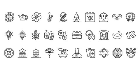 Outline vector set Lunar New Year icons with traditional symbol