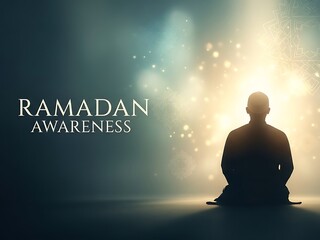 A person meditating in a serene environment with a radiant glow, promoting Ramadan awareness