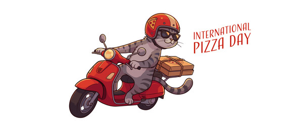 Cat riding red scooter delivering pizza on International Pizza Day  
