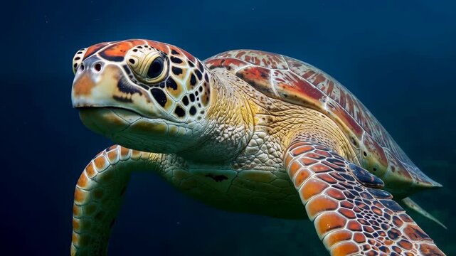 Sea Turtle in the Depths: An close-up shot of a majestic sea turtle gracefully glides through the tranquil, deep blue ocean.