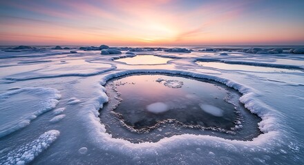 Sunrise over frozen water with icy formations and reflective pools