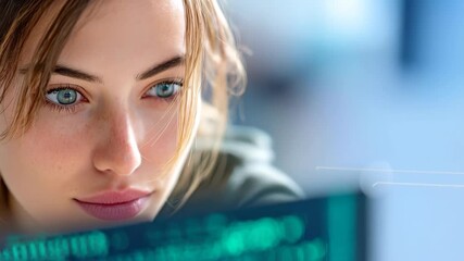 Focused Gaze: A skilled programmer, her eyes alight with concentration and intelligence, meticulously crafts lines of code, her dedication a testament to her craft.
