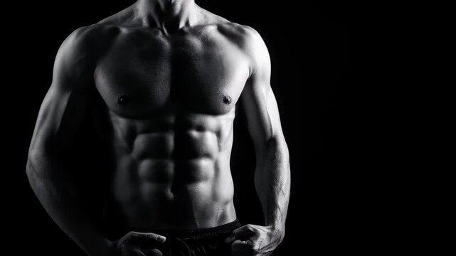 Sculpted Physique: A close-up, monochromatic shot highlights a powerfully built male torso, showcasing defined musculature against a dramatic backdrop.