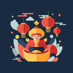 Illustration of a person in traditional attire holding a treasure ingot surrounded by lanterns.