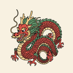 Vibrant Red Dragon Illustration with Green Accents and Golden Details.