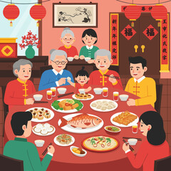 Family Gathering for Chinese New Year Celebration with Traditional Food.