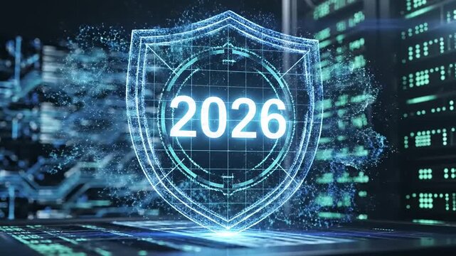 Digital Cybersecurity Shield 2026 Animation - Futuristic Data Protection Concept with Server Racks and Circuit Boards